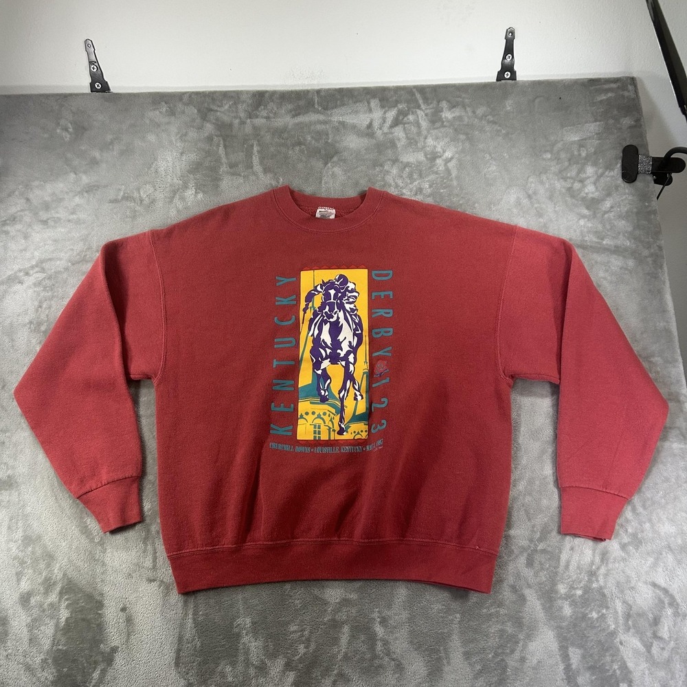 Vintage Kentucky Derby Sweatshirt Mens XL Red Fleece Horse Racing Graphic 90s
